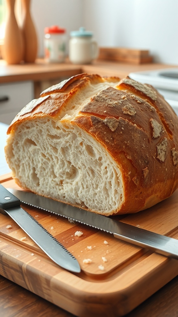 A golden-brown artisan bread loaf on a cutting board with a knife beside it.